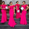 Hot Pink Mermaid Bridesmaid Dresses Off The Shoulder Satin Ruffles Robe Maid Of Honor Long Wedding Guest Dress