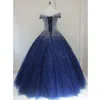 Off The Shoulder Navy Blue Ball Town Prom Dress Hoge Kwaliteit Kralen Pailletten Lace-Up Avondjurken