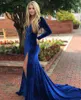 Blue Royal Sexy Veet Mermaid Prom Dresses V Neck Long Mouwen Hoge Split Floor Lengte Backless avondjurk Feestjurken Ogstuff