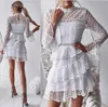 Women's Irregular Pleated Dress Trumpet Sleeve Lace Perspective Sexy Cake Dress Half-length Black and White S-XL