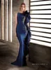 Syrenka Koronki Zroszony 2020 Afryki Suknie Wieczorowe Satin Navy Blue Prom Dress Sexy Tanie Formalne Party Suknie