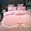 Meisjes roze beddengoed set prinses boog winter worm thcik fleece koning queen size moderne 4 stks dekbedovertrek laken kussenslopen