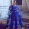 Royal Blue Lace Jumpsuit Avondjurken met Wrap Lace Applicaties Beads Pant Suits Vestidos de Fiesta Formele Prom Party Jassen