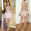 2020 Adorável Blush rosa vestido de baile curto Cocktail Dresses alta Neck mangas curtas Com Lantejoula Beading ver através Oriente Médio Baile Vestidos