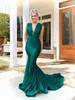 2020 Modern Dark Green Formal Evening Dresses Elegant Long Mermaid Pleated Draped Deep V-neck Winter Party Dress Women Prom Wear Cheap