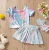 Baby Mermaid Clothing Sets Kids Girls Colorful T Shirt Skirts Bowknot Headband Suits Summer Short Sleeve Top Mini Dress Hairband Set CDYP684