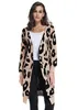 Estampa de leopardo longo cardigans roupas de inverno mulheres ponto aberto outono bolsos magros casuais camisola de malha casaco Cardigan