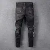 Minglu calças de brim dos homens de luxo preto retalhos jeans rasgados streetwear remendo design estiramento calças jeans magros calças269f