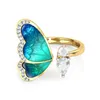 Fantasy Blue Butterfly Wings Gold Open Finger Pierścionki Charms Biżuteria Moda Regulowane Rhinestone Party Pierścionki dla kobiet