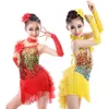 Sahne Giyim Kızlar Salsa Saçak Çocuklar Dans Kostüm Pullu Elbise Çocuk Çocuk Payetli Kırmızı Altın Etek Balo Salonu