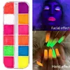 12 Farben/Box Fluoreszierendes Neonpigment Lidschatten-Make-up-Palette Glitzer-Schimmer-Lidschatten Gesicht Körper Nail Art Kosmetik Werkzeuge