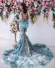 Full Lace Mermaid Prom Dresses Backless Bow Knoop Avondjurk Sheer Neck Lange Mouwen Applique Tulle Prom Dress Vestidos de Soiree
