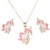 Hot new Necklace Earrings Cartoon Horse Unicorn Necklace Earring Jewelry Pink Girls Gift Jewelry WCW206