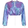 2020 Mulheres elogiosas jaqueta holográfica de capuz de capuz de capuz curta de dança de dança de dança