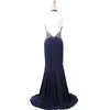 Sparkly Navy Blue Trumpet Evening Lång Formella Klänningar Halter Top Pearls Beading Crystal Mermaid Prom Dress Open Back Vestidos de Festia