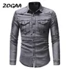 Zogaa nya mäns jeans skjorta mode våren smal longsleved denim skjorta personlighet vikar sömmar