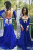 Royal Blue Dos Ouvert Robes De Bal Sud-Africain Or Dentelle Appliques Manches Longues Robes De Soirée Velours Balayage Train Robe De Soirée Cocktail