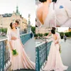 2019 وصول جديد A Line Wedding Dresses Summer Beach 1/2 Sleeve Lace V Neck Open Back Sweep Train بالإضافة إلى فساتين الزفاف الحجم