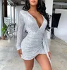 Kvinnor Silver Sequined Långärmad Oregelbundet Hem Tunika Wrap V-Neck Bodycon Mini Dress Party Dresses Night Club Vestidos