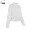 Mains dorées élégante dentelle blanche col montant à manches longues chemise en maille florale chemisier au crochet transparent hauts évider