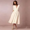 2023 New Vintage Tea Length Short Wedding Dress with Sleeves Vestido de noiva curto Sexy Deep V Neck Summer Beach Bridal Gowns 1179