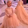 Flower High Neck Girls Dresses Crystal Beaded Lace Little Girl Long Sleeves Pageant Ball Gown Custom Made Birthday Party Formal Wear