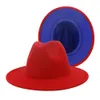 2020 Nowy Royal Blue Red Patchwork Faux Wool Fild Fedory Kapelusze z cienkim pasem Klamra Mężczyźni Kobiety Duża Brim Panama Trilby Jazz Cap