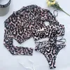 2020 Sexy Leopard Print Three Pieces Bikini Set Swimwear Women Swimsuit Mesh Long Sleeves Sunsn Beach Cover Up Bathing Suits4081702