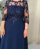 Dark Navy Blue Plus Size Mother of the Bride Dress Sparkly Lace Chiffon Column Long Mother of the Groom Suits Wedding Party GOWNS219Z