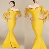 2020 amarelo Vestidos Prom fora do ombro Taseel cetim apliques Mermaid Vestido desgaste do partido Pavimento Length Plus Size Vestidos Formais