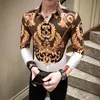 高級ゴールドプリントシャツの男性長袖シャツパーティーナイトクラブカジュアルスリムフィットロイヤルファッション服
