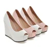 Yeni Beyaz Kama Topuk Gelin Düğün Ayakkabıları Mavi Peep Toe Yüksek Topuk Platformu Nedime Ayakkabı 2 Renk Boyut 34 ila 393046