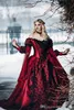 Sleeping Beauty Princess Medieval Burgundy and Black Gothic Wedding Dress Long Sleeve Lace Appliques Victorian masquerade Bridal Gowns