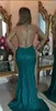 Uzun Kollu Turkuaz Mermaid Gelinlik Arapça Tarzı Backless Sparkly Boncuklu Aplike Ön Bölünmüş Sheer Akşam Parti Abiye 2019 Yeni