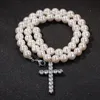 Fashion Mens Pearl Beaded Necklace Hip Hop Jewelry Iced Out Cross Pendant Necklaces 8mm 10mm