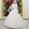 Muçulmano Plus Size Um casamento Lace Linha completa Vestidos Applique alta Jewel Neck mangas compridas até o chão vestido de noiva vestidos de noiva Vestidos