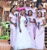 Aso ebi sydafrikansk rosa sjöjungfru brudtärna klänningar elegant ren skopa hals mössa ärmheter långa bröllop gäst kväll pro bär