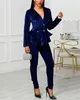 Women's Suits 2023 Female Double Breasted Velvet Ruffle Blazer & Skinny Pants Officewear Ladies Business Elegant Red