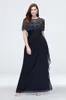 Black Sequined Plus Size Evening Dresses Sheer Jewel Neck A Line Short Sleeves Beaded Prom Gowns Floor Length Chiffon Formal Dress