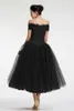 2020 Charming Black Mother of Bride Dresses Off The Shoulder Neck Short Sleeves A Line Tea Length Black Lace and Tulle Cocktail Dresses