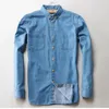 Twee voorzakken Spring herfst Men denim shirt lange mouw zachte 100% katoenen slanke jeans cowboy slank shirt 4xl