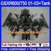 + Tank för Suzuki GSXR 600 750 GSXR-750 GSXR600 2001 2002 2003 294HM.40 GSX R750 R600 K1 GSX-R600 GSXR750 01 02 03 Fairing Rizla Cyan Stock