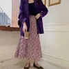 Rokken Vintage Floral Print Ruche Chiffon Purple Geplooide Lange Vrouwen Koreaanse Rok Streetwear Drawstring Elastische Taille Midi Skirt1