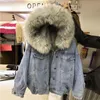 Giacca di jeans da donna con pelliccia Jeans invernali Cappotto di velluto con cappuccio Collo in pelliccia sintetica femminile 2020 Giacche imbottite calde Bomber Giacca a vento