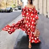 Kadınlar Yaz Polka Dot Kapalı Omuz Baskılı Elbise Dantel Fırfır Yay Partisi Maxi Elbiseler Yaz Elbisesi 2019 Vestidos de Verano Yeni