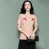 Heavy Crane European Style Embroidery Loose Beads Song Pink Round Neck Short Sleeve T-shirt Women's Summer New Sweater