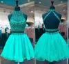 2020 Fashionable Frisado Cristais Prom Homecoming Vestidos Mini 2 Piece Alta Halter Tubulação A-Linha Curto Formal Dress Festa de Graduação Da Noite