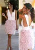 2019 Gorgeous Feather Short Party Dresses Pink V Neck Kne Length Prom Dress Cocktail Formal Mini Evening Gowns Homecoming Dress C216A