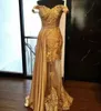 2019 Vestidos de Baile Longo da Cor do Ouro Querida Pescoço com Alças Fora Do Ombro A Linha de Renda e Estiramento Lado Cetim Drapeado Vestidos de Noite Formal