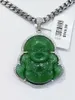 18k Vergulde Afwerking Groene Jade Lab Gesimuleerde Diamanten Lachende Boeddha Iced Out Hanger Ketting CZ Sieraden